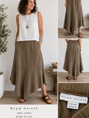 Bryn Walker Olive 100% Linen Asymmetric Maxi Skirt Size Small